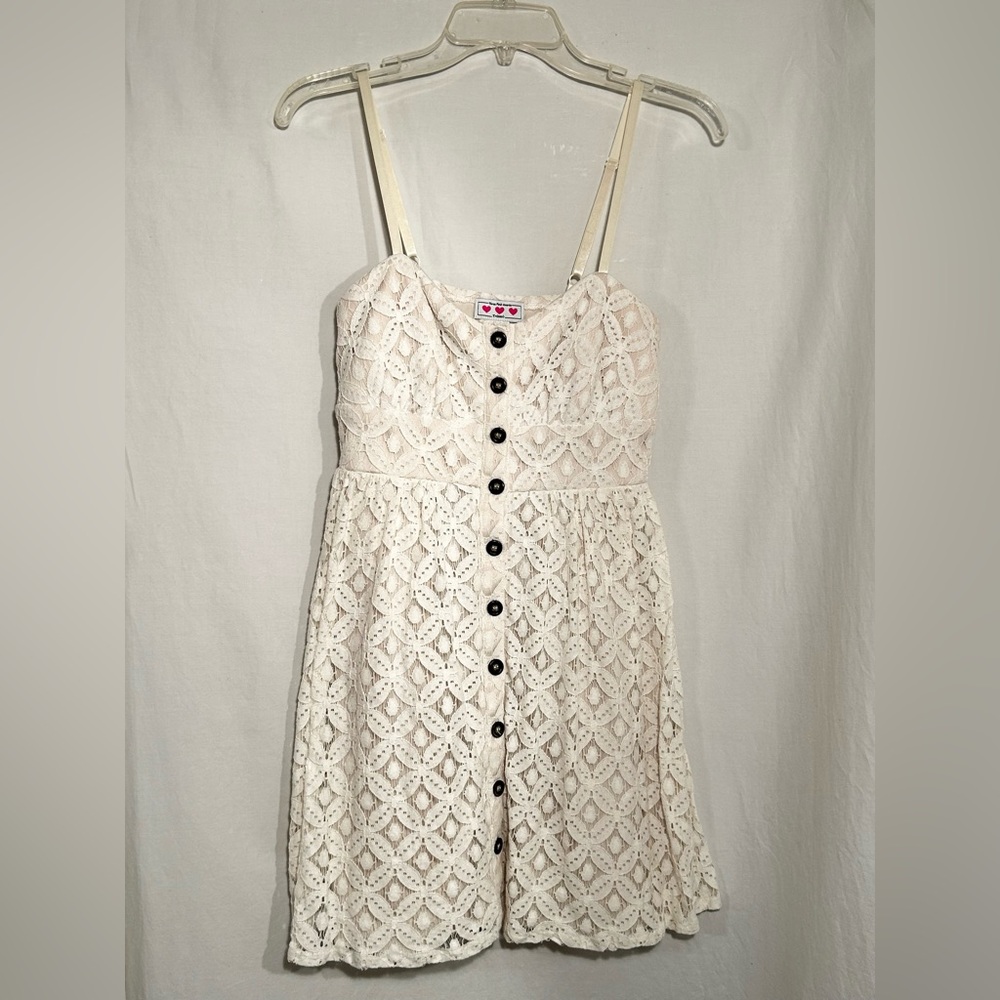 WOMENS MEDIUM SLEEVELESS LINED ECRU CREAM LACE BUTTON FRONT DRESS